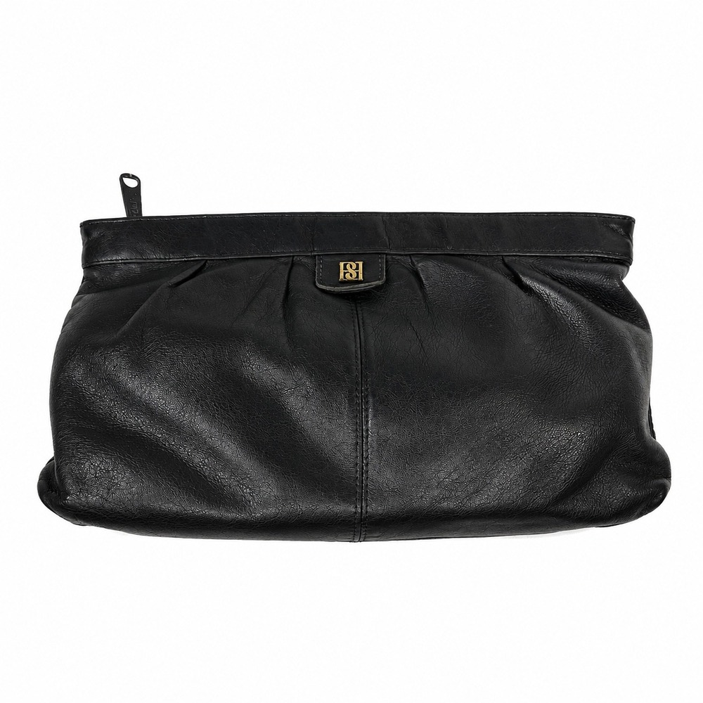 Bill Blass Vintage Black Leather Pleated Clutch Bag Gold Logo Evening Handbag